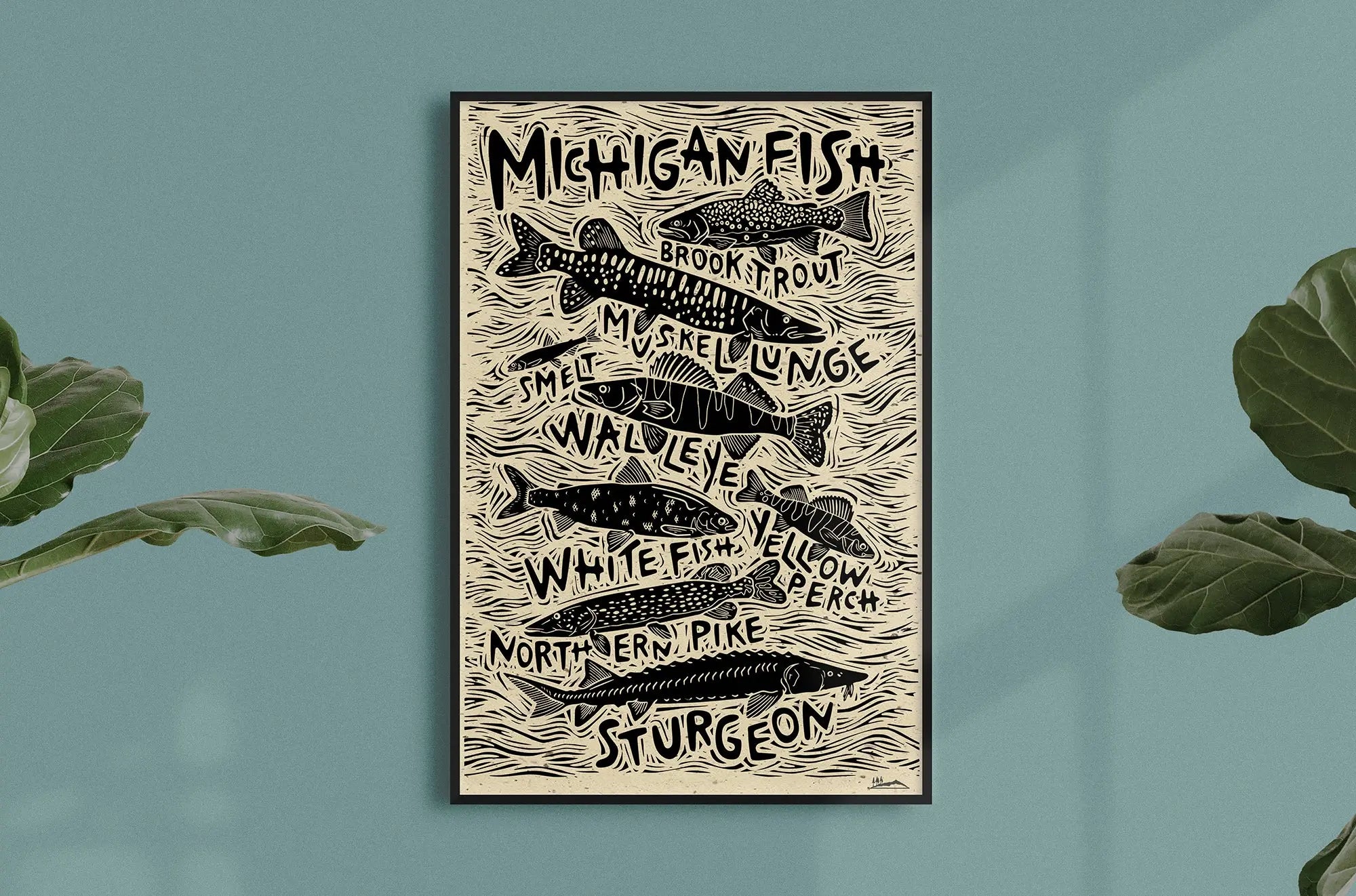 Michigan Fish Woodcut Print Woosah Outfitters